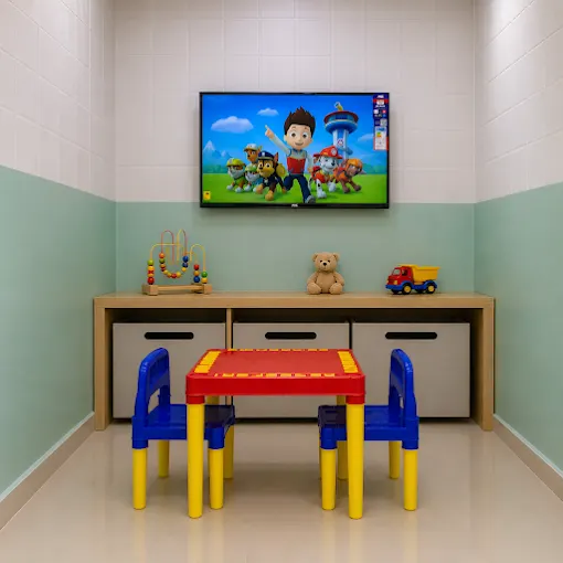 Brinquedoteca da Sanmede Kids, clínica de odontopediatria em Manaus, com brinquedos e TV para as crianças